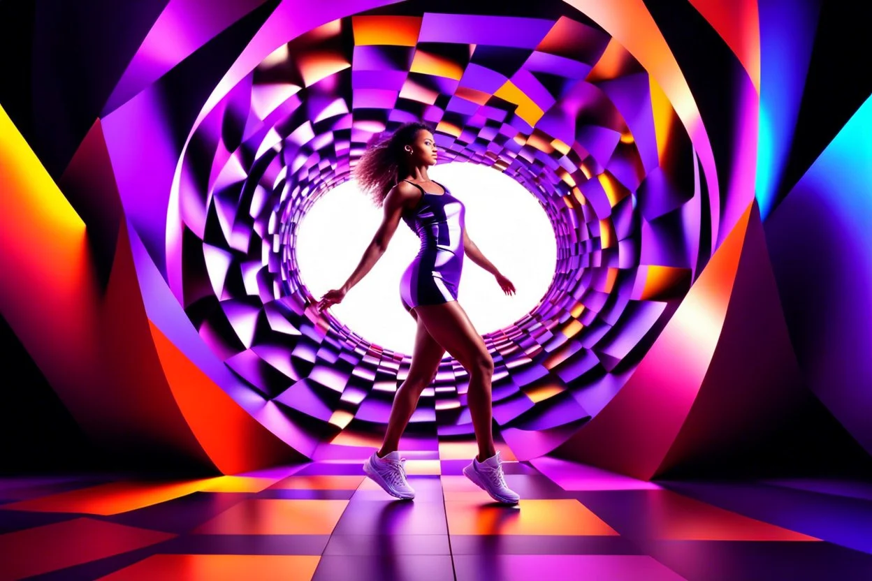 beautiful lady with todays modern clothing and sport shoes, in surreal stage made of fractal random size recursive objects with helical strip colors in clothing similar to environment full body dancing to camera,animating background metallic random color cubes