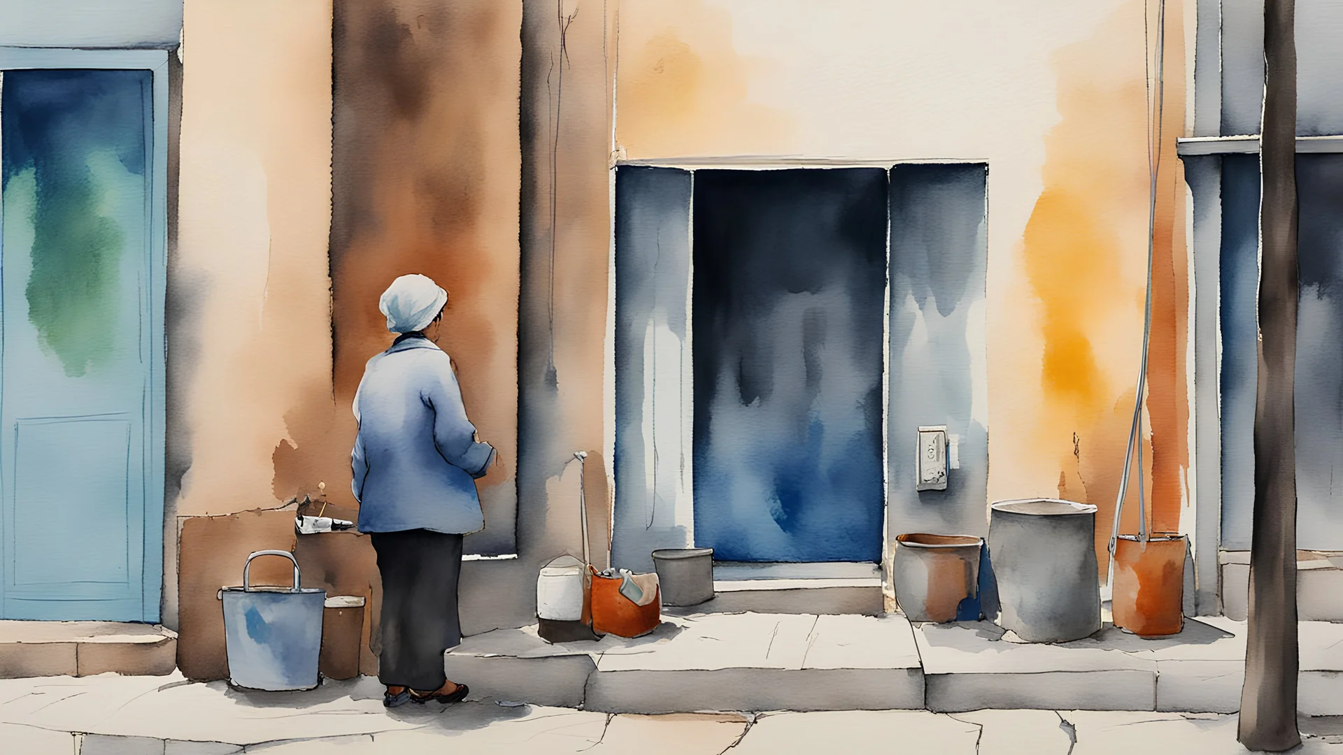 water color Painting, Iran, Minimal. Dismissing the worker from the workshop. مقنعه. Side walk. salesman woman's by the street. hijab.