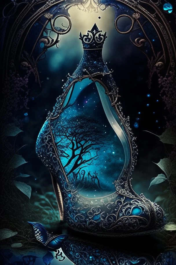 dark fantasy, intricate cover, a whimsical fairytale, glass slipper