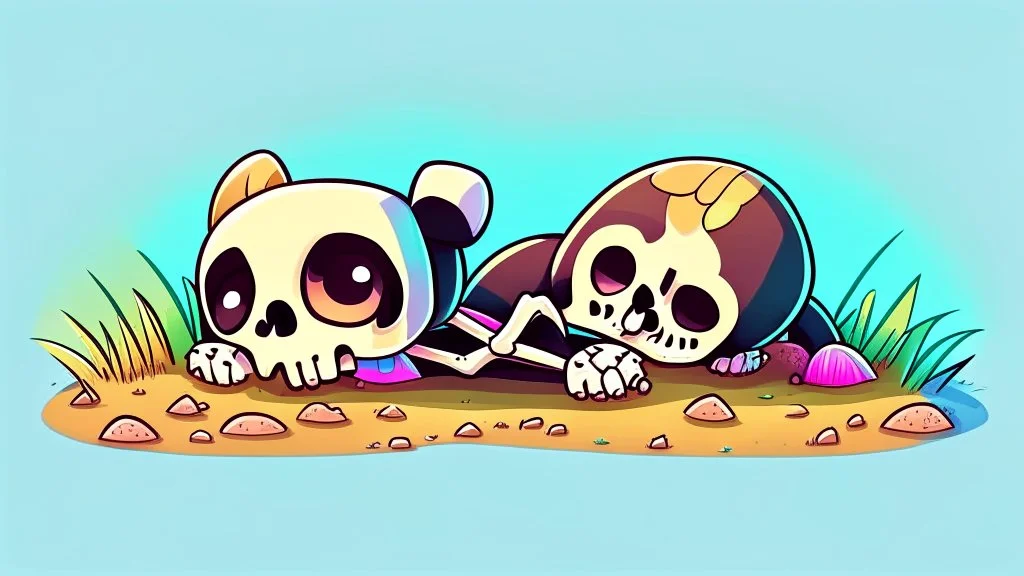 Cute chibi-style bony animal skeleton, lying on the ground, cartoony, colorful, exaggerated, simplified, adorable