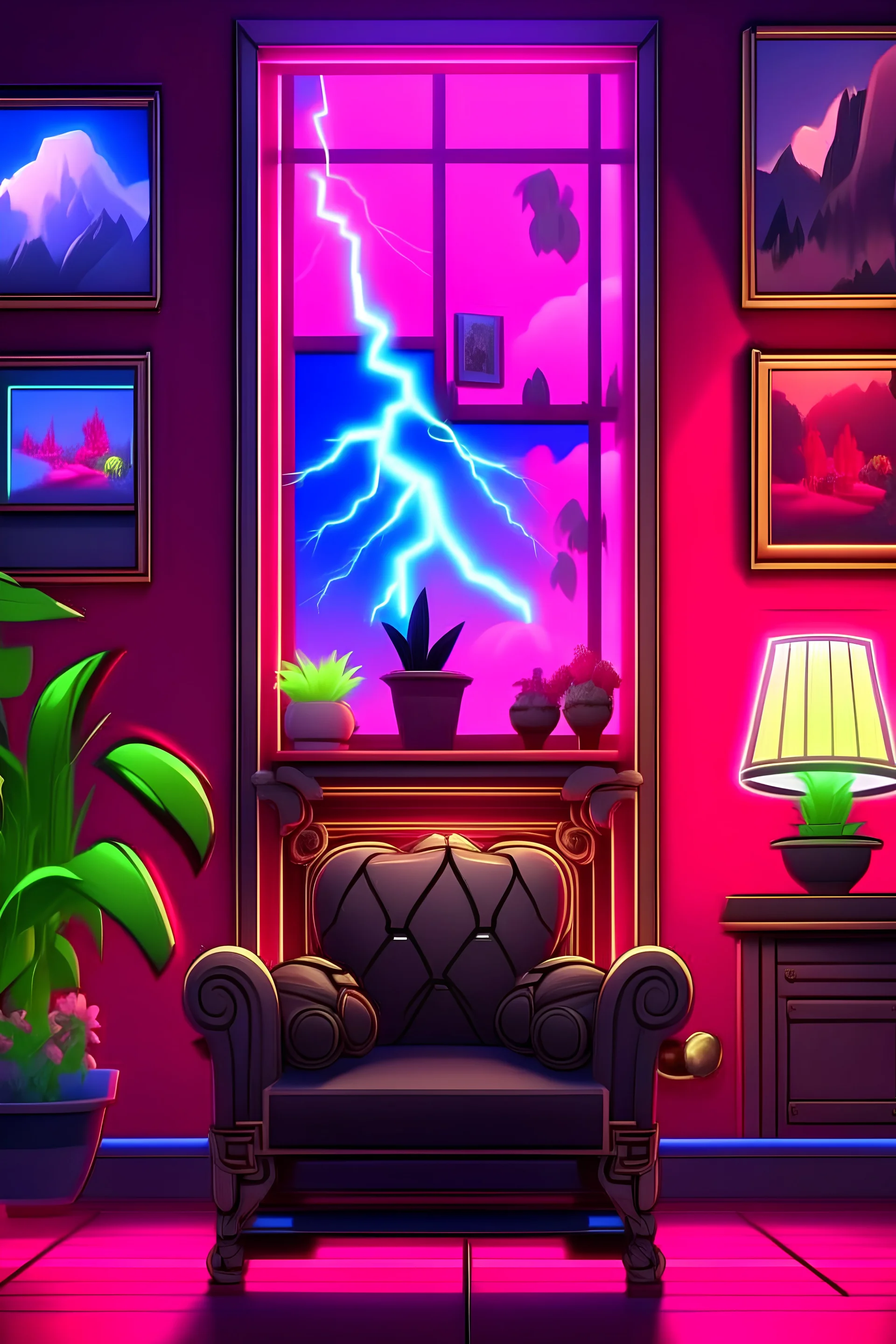 Generate a YouTube studio music thumbnail background.it has tree vase, decorations photo frames, cyberpunk lightning, RockChair with accessories on it and some cool feature of things that can be added to the background.