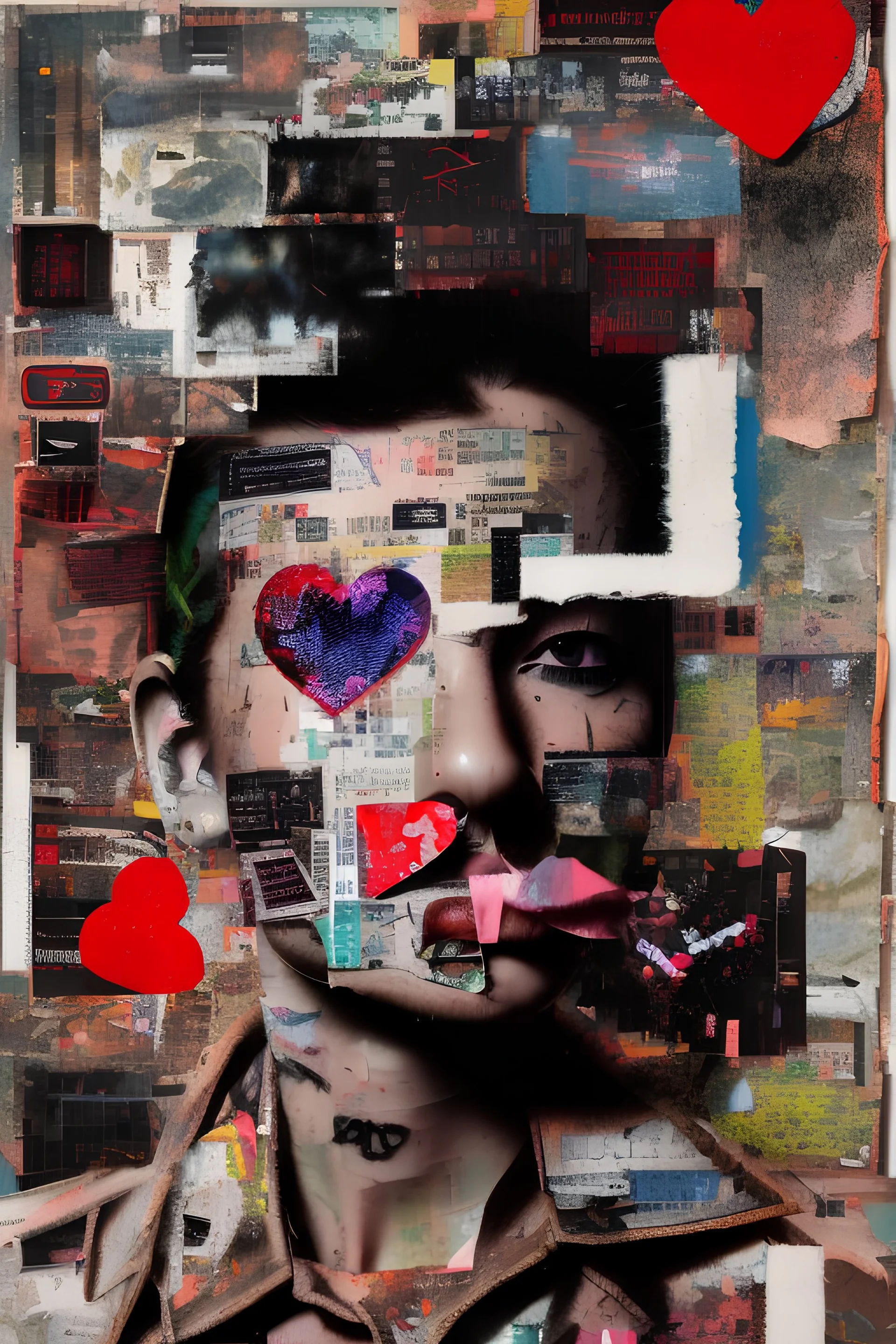 Ultra detailed medium portrait painting of happiness , torn up collage of clippings, heart monitor reading background, matrix effects, punk visual art, punk art aesthetic, graffiti art, pop surrealism, collage art, cluttered paint glitches