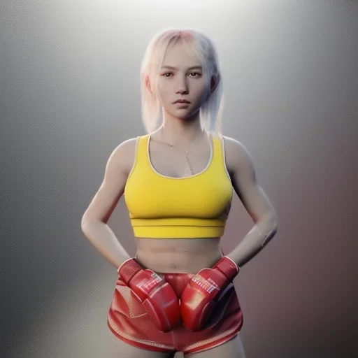 Cyberpunk blonde girl boxing in the ring unreal 5, octane render,cinema4d, dynamic lighting, 8k, redshift render, highly, hyperrealism ultra detailed, hyper realistic.