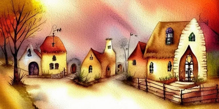 exquisite whimsical village watercolor, delicate village, cute, adorable, linen backdrop, warm colors, sepia tone