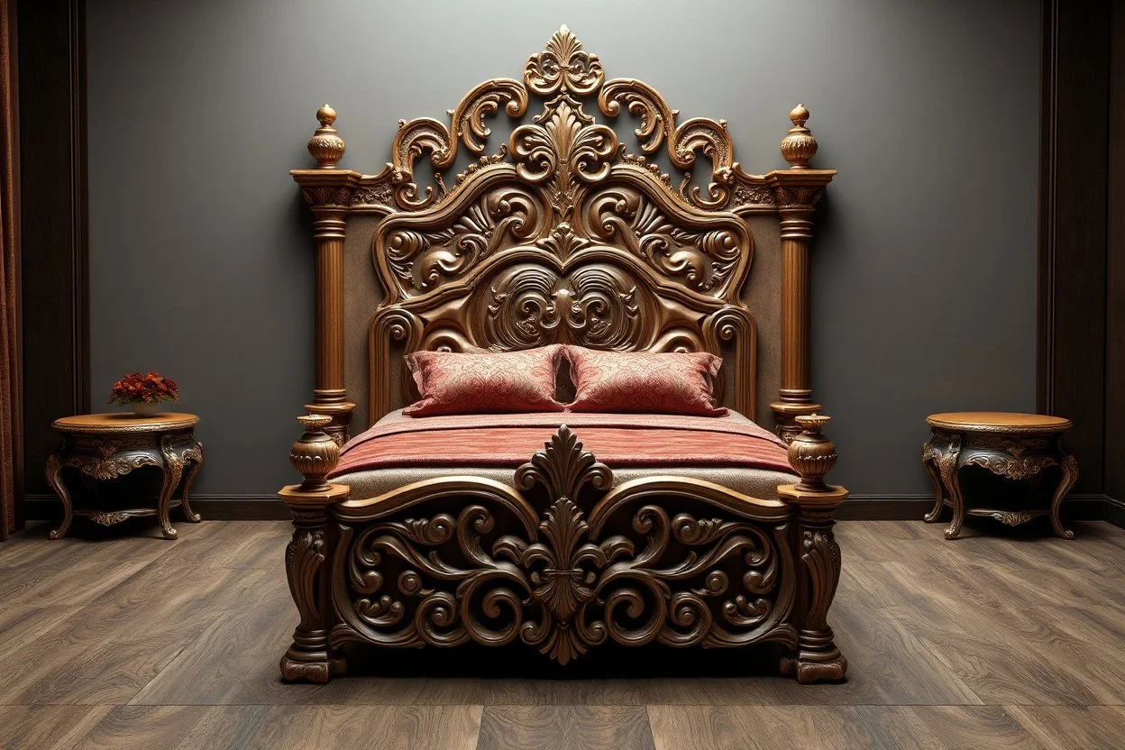 image of a Royal bed with 3d fractal base decoration made of good wood no background without table