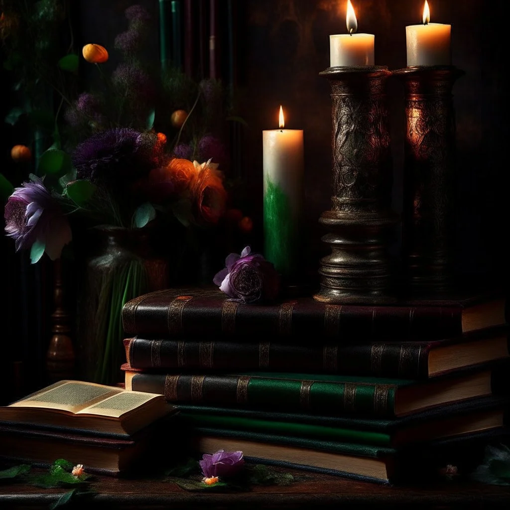 rave on books with flowers and lit candles dark moody art with browns green earthy tones, deep purples, hyper realistic maximalist concept art