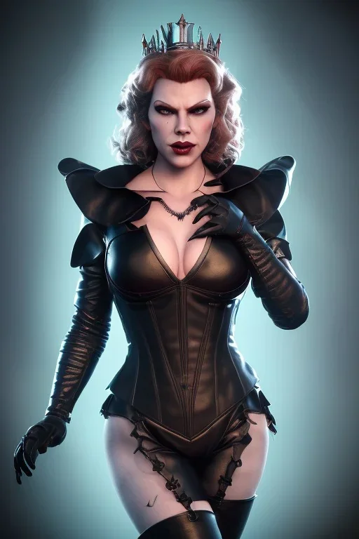 Hannah Waddingham as evil queen in black leather, busty, cleavage, dominatrix, curvy, angry, stern look. unreal 5, octane render, cinema4d, dynamic lighting, dramatic lighting, 4k, redshift render, highly detailed, hyper realistic,anthropomorphic black wolf long