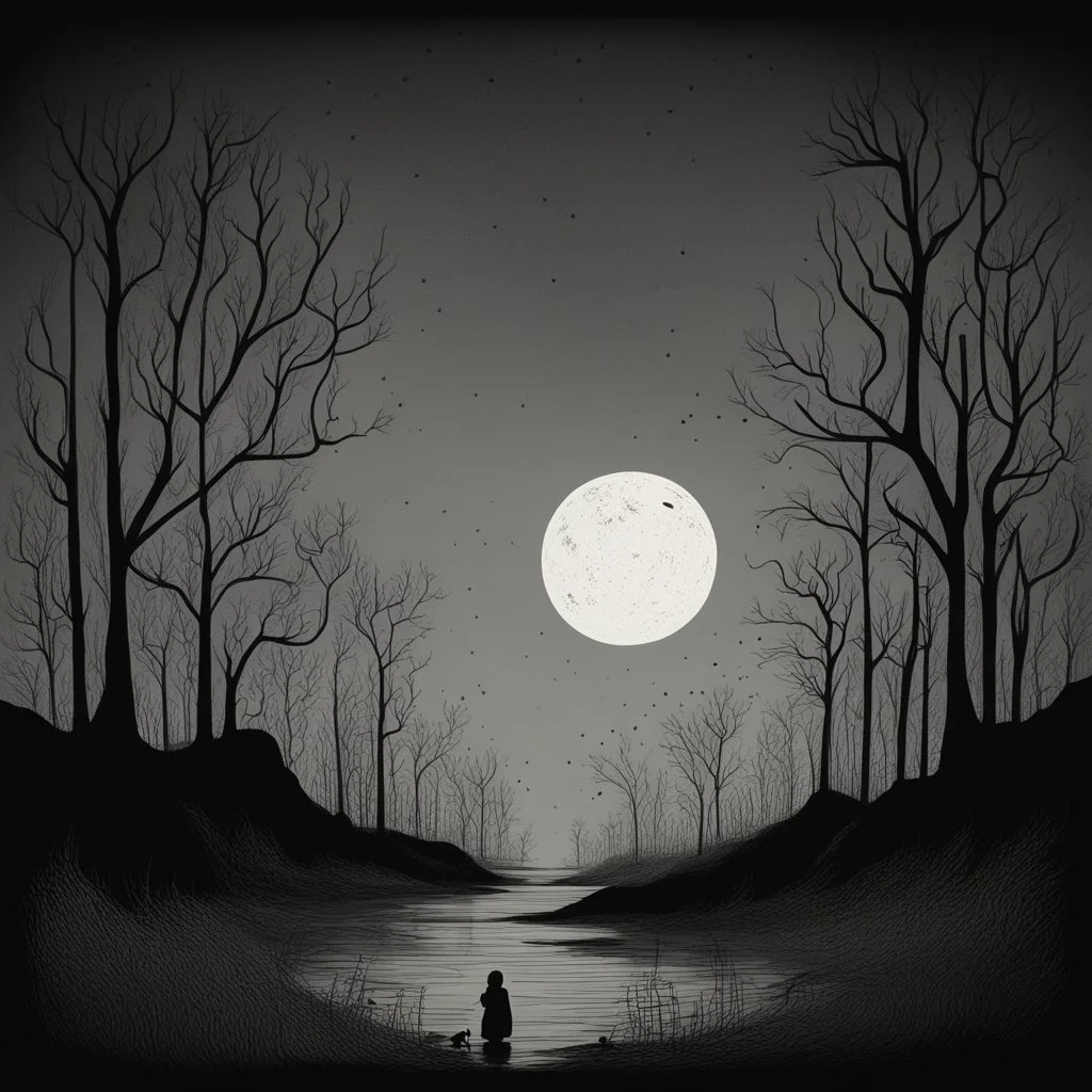 Mesmerized by the moon, by Don Hertzfeldt, dark colors, complex contrast, dynamic composition