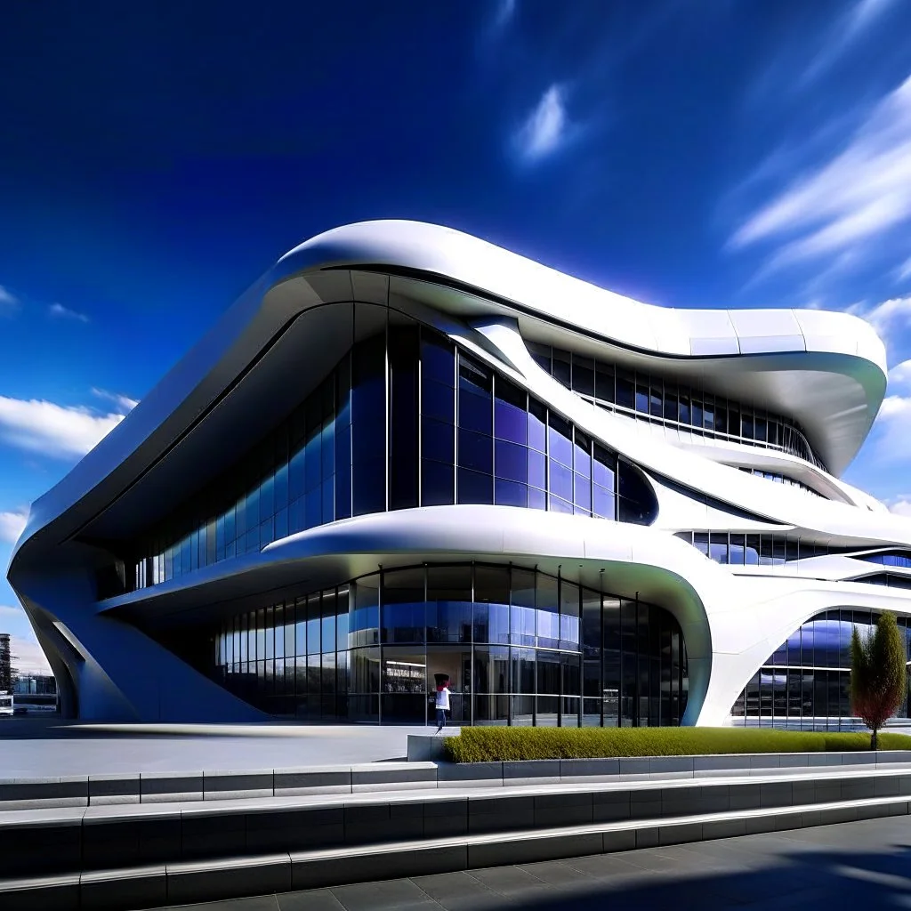 Fachada frontal de un museo estilo Zaha Hadid calidad ultra 12k