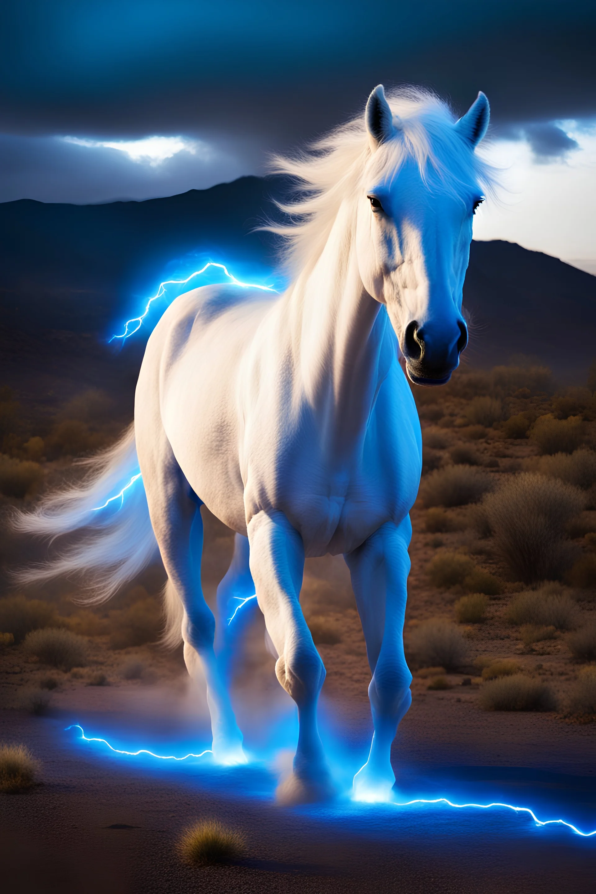 Radioactive white horse with electric blue glowing eyes, storming through the mojave desert