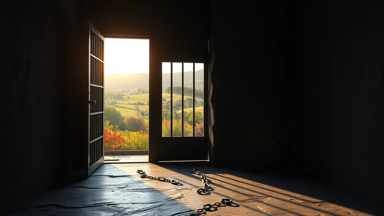 Inside a dark dismal cold prison cell with chains on the floor, looking out through a wide open heavy cell door into escape and freedom, with colourful gardens and distant hills in warm sunshine. Exquisite composition, beautiful detailed intricate detailed octane render, 8k artistic photography, photorealistic, perfect light, chiaroscuro, award-winning photograph, masterpiece