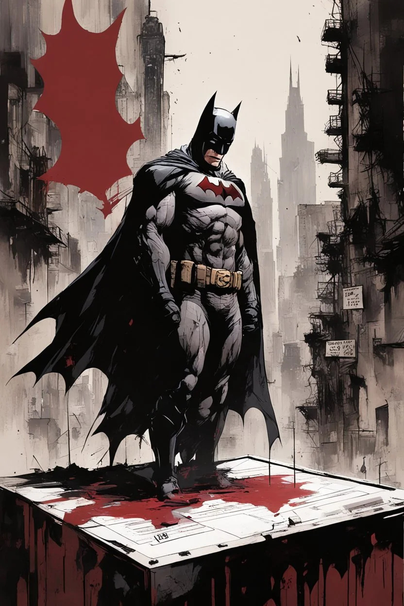 Batman leaving his vote in a voting box. behind post apocalyptic cityscape darkred tones, painting by Yoji Shinkawa,