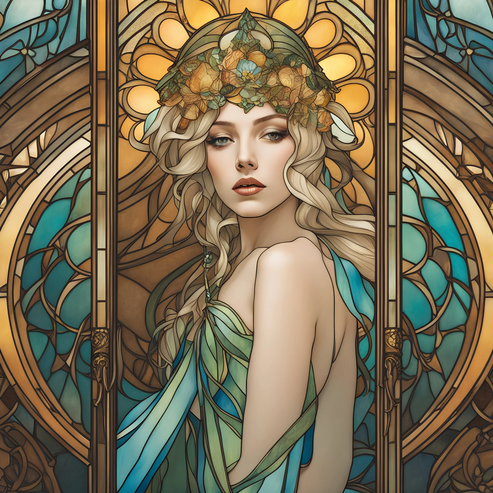 stained glass motif by Alfons Mucha, art by Patrick Woodroffe in the style of Salvador Dali, Lady Gaga as an elf princess in an elven kingdom, HD 4K ultra high resolution, photo-real accurate