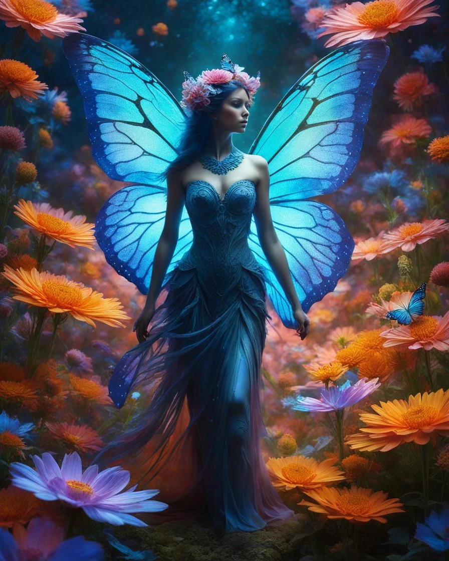 bioluminescent creatures are also common in surreal artwork, creating an eerie and dreamlike atmosphere. The beautiful woman butterfly in this image is made of huge petals, creating a vibrant and colorful effect,wonderful gardens flowers background