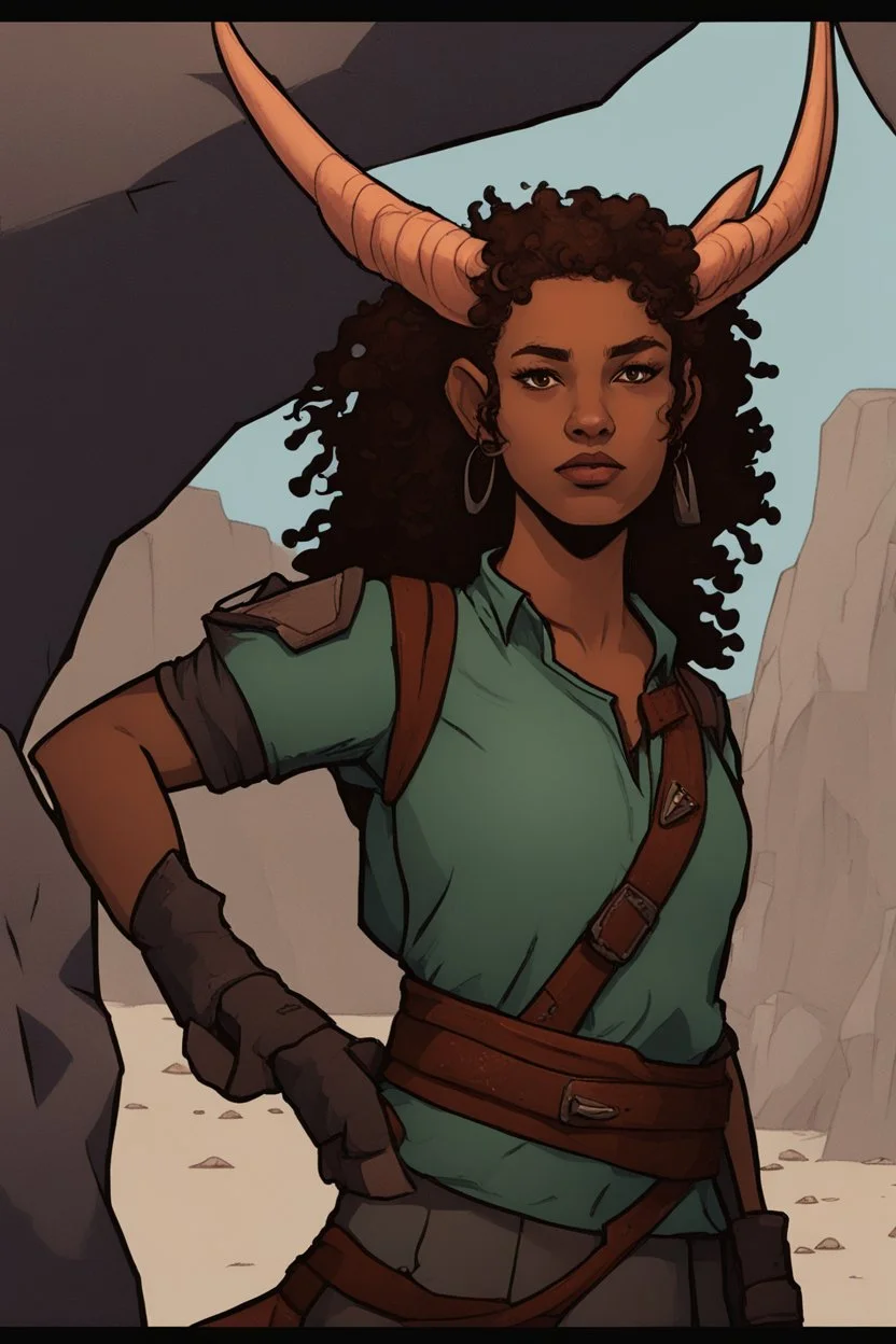 A DnD character. A female horned Tiefling ranger with pointy ears standing in a cave. The Tiefling has curly hair and a little pterosaurs on her shoulder.