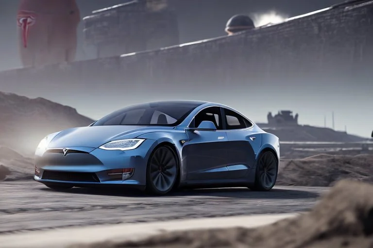 A Tesla 'Model S' is drifting at high speeds, within the trench of the Death Star. (CINEMATIC, WIDE ANGLE LENS, PHOTO REAL)