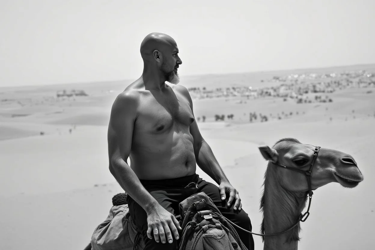 man looking like "Walter White" in breaking bad tv show, bald and goatee, with bare chest riding on a camel in sahara in desert, panorama, black and white photo, staring at a small town in horizon