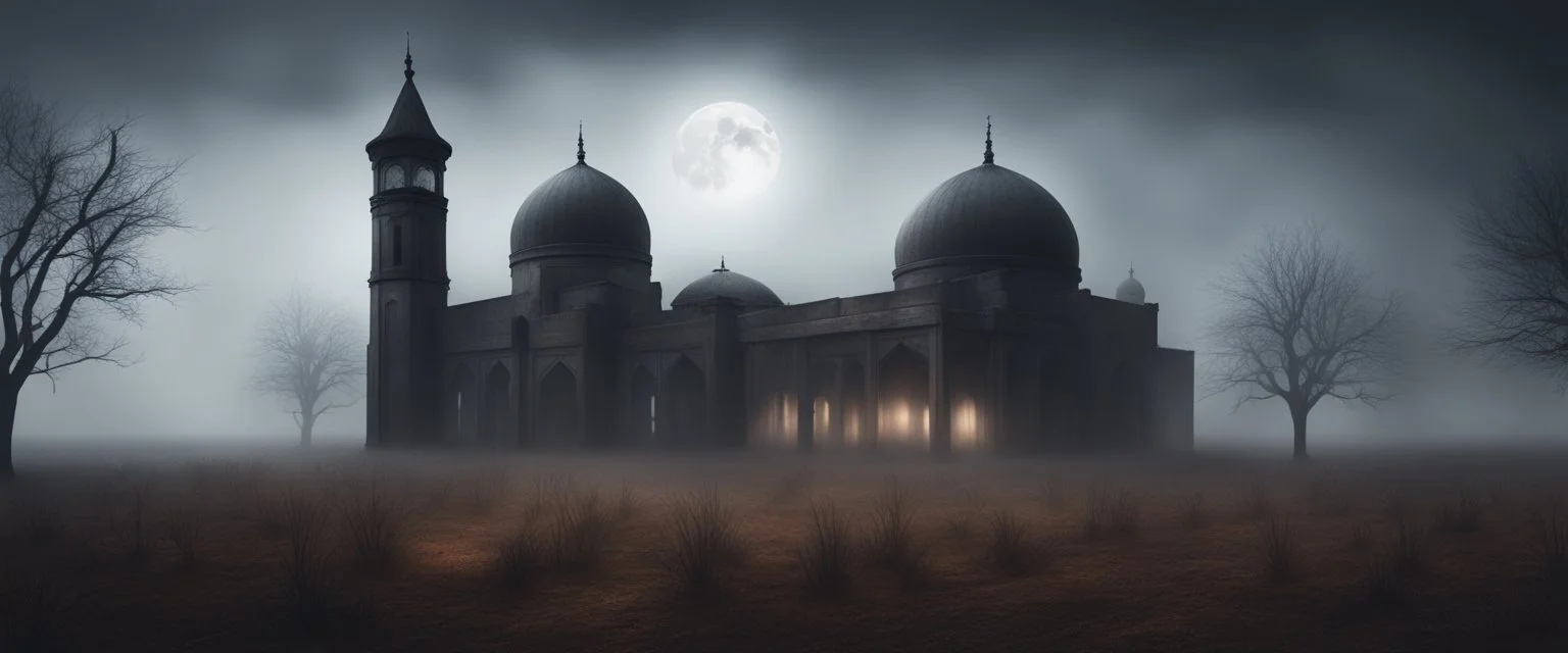 Hyper Realistic Haunted Dark Mosque between a Field with dry old tree at heavy foggy night