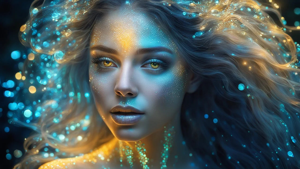 The photo is done in a bioluminescent and bioluminescent art style depicting a divine woman, Bioluminescent dewy translucent glowing skin, ethereal glowing eyes, long neck, perfect face in ultra-realistic details, flowing hair, double exposure, iris, The composition imitates a cinematic film with dazzling, gold and silver lighting effects. Intricate details, sharp focus, crystal clear skin create high detail. 3d, 64k, high resolution, high detail, computer graphics, hyperrealism, f/16, 1/300 sec