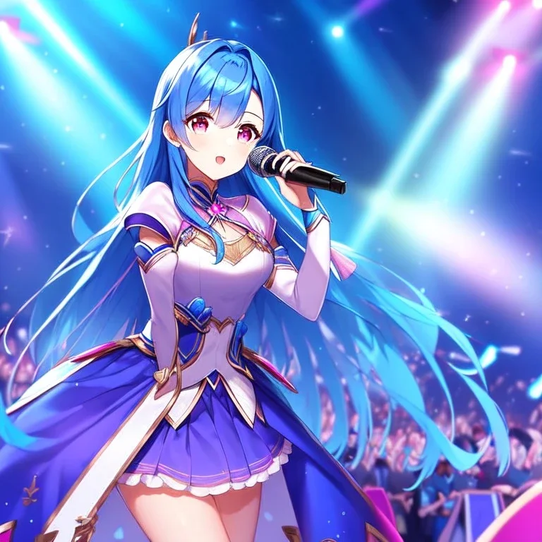 girl, masterpiece, best quality, volumetric lighting, detailed outfit, perfect eyes, long hair, blue hair, pink eyes, magical girl, music stage, microphone,