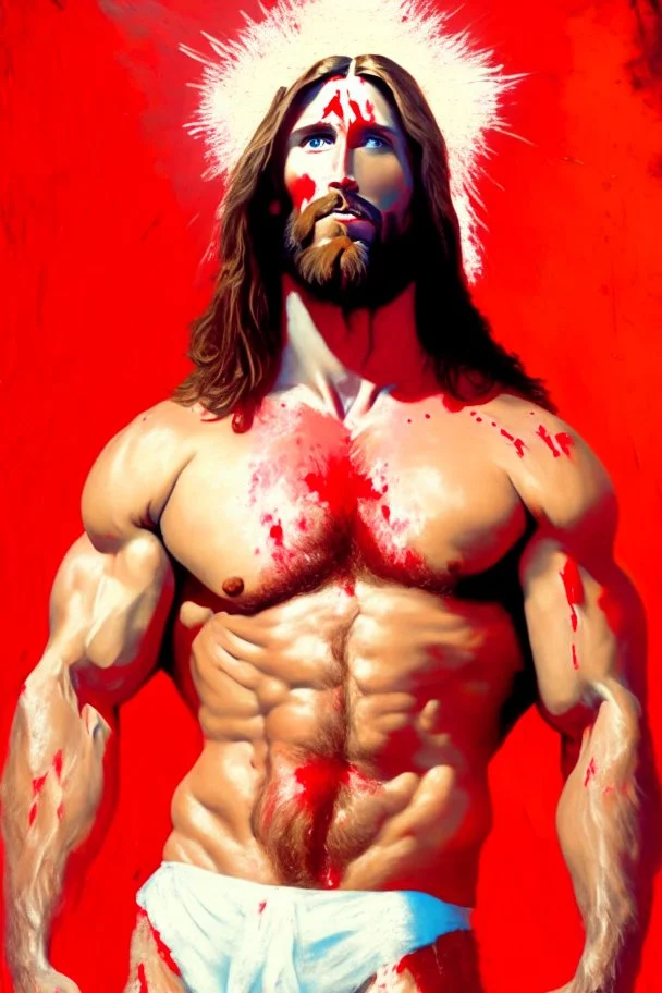 "Beefcake Jesus" depicts a satirical portrait of a sexy muscular Jesus that has had red paint splattered on it by Fundamentalist protestors