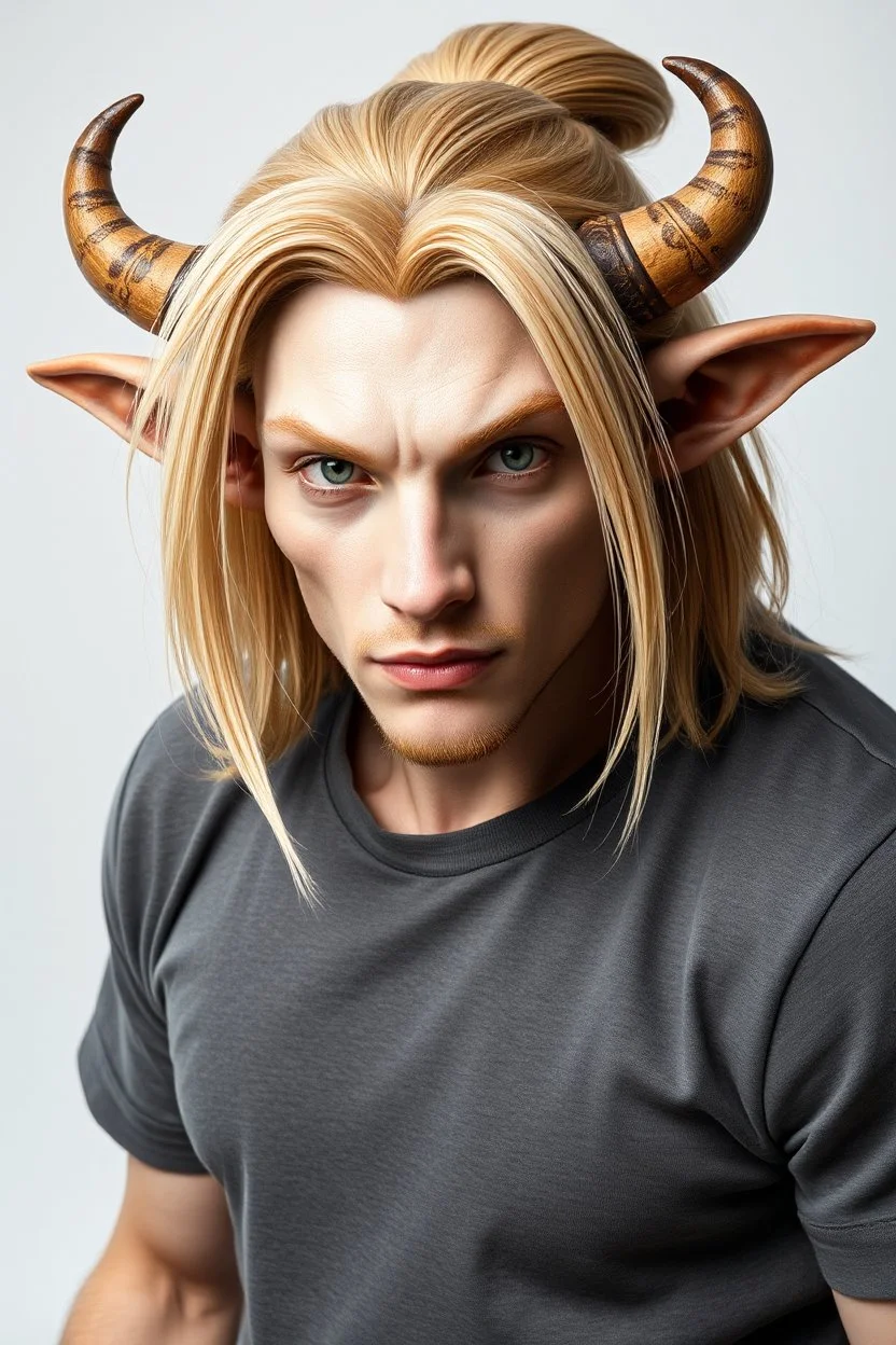 A portrait of an attractive stern ox bison gremlin with wig, shoulder-length blond hair tied in a tight knot, pale skin,light green eyes, muscular build, wearing grey t-shirt