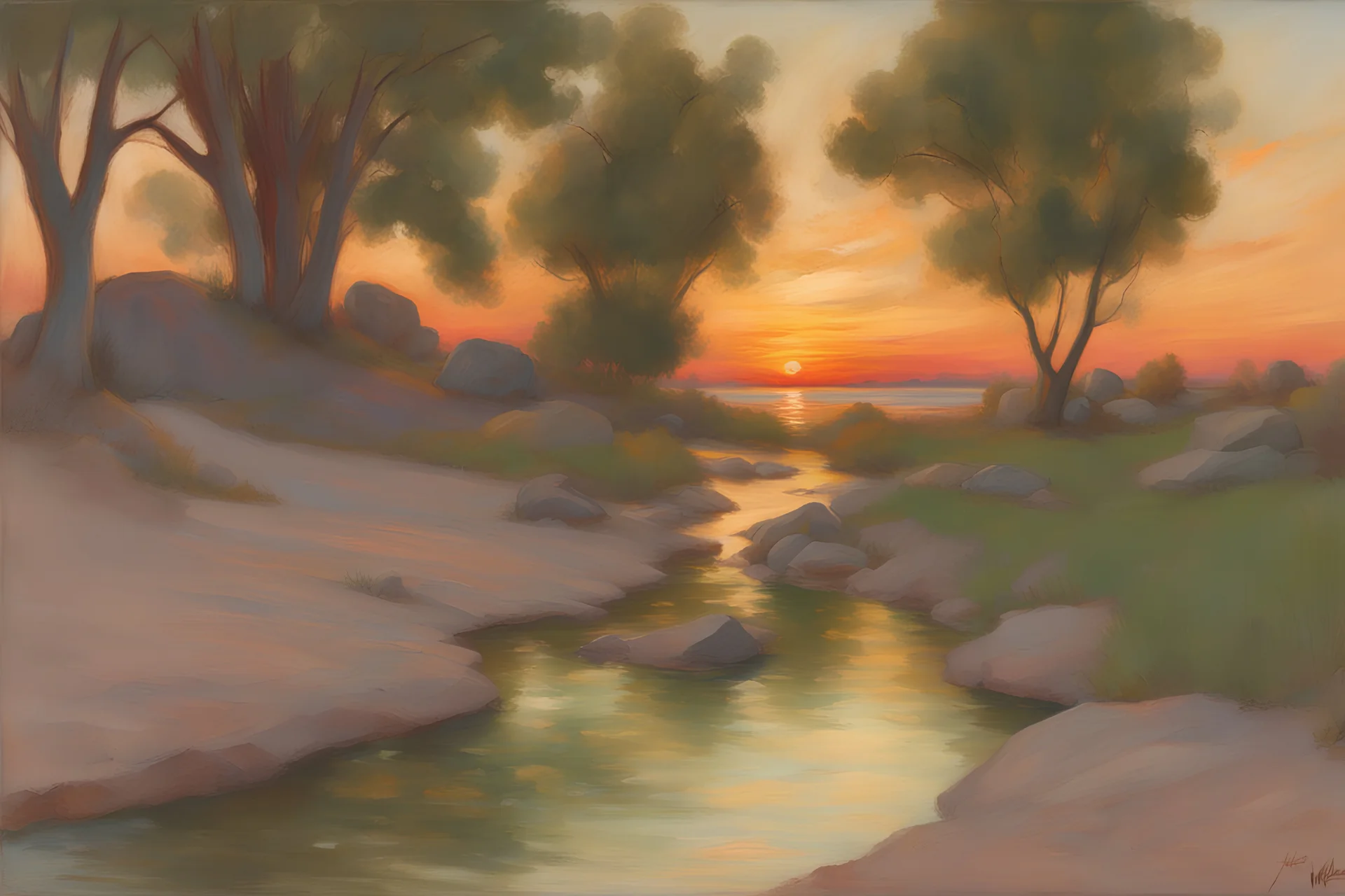 sunset, trees, rocks, pond, sand, rocky land, GTA 6 influence, hans am ende, and ernest welvaert impressionism paintings