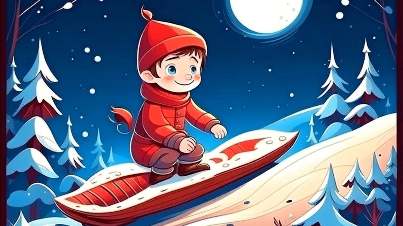 fantasy cartoon style illustration: a little boy on a sled down a snowy hill