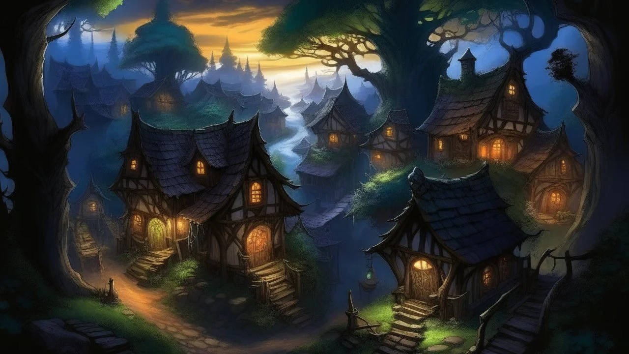 Ebonshade Hollow A quaint village nestled within the embrace of ancient, twisted trees, shrouded in perpetual twilight, where bioluminescent fungi cast an eerie glow on cobblestone streets and thatched-roof cottages.