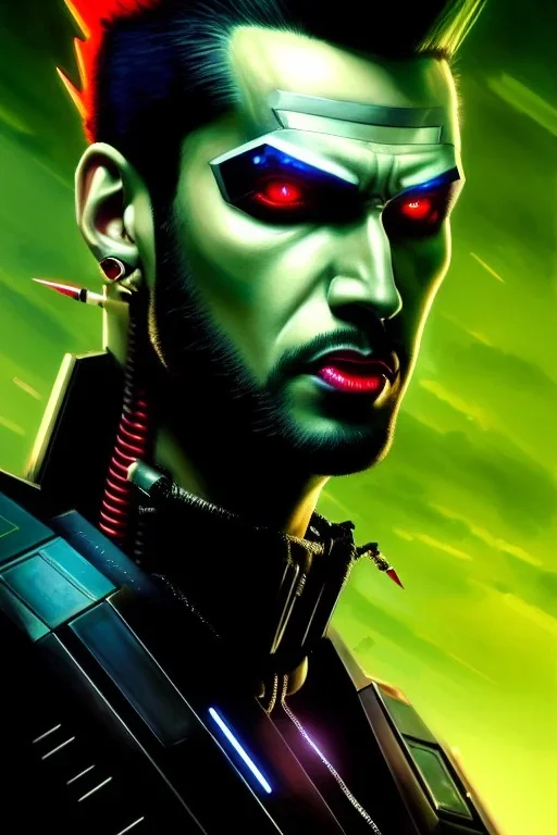 hiper realista, hiper detalhado, retrato de corpo inteiro, no estilo cyberpunk, de um homem incrivelmente bonito com implantes biônicos, cabelos espetados verdes, olhos vermelhos brilhantes, maquiagem escura, batom preto, arte de greg rutkowski, artgerm, wlop, rossdraws, boris vallejo