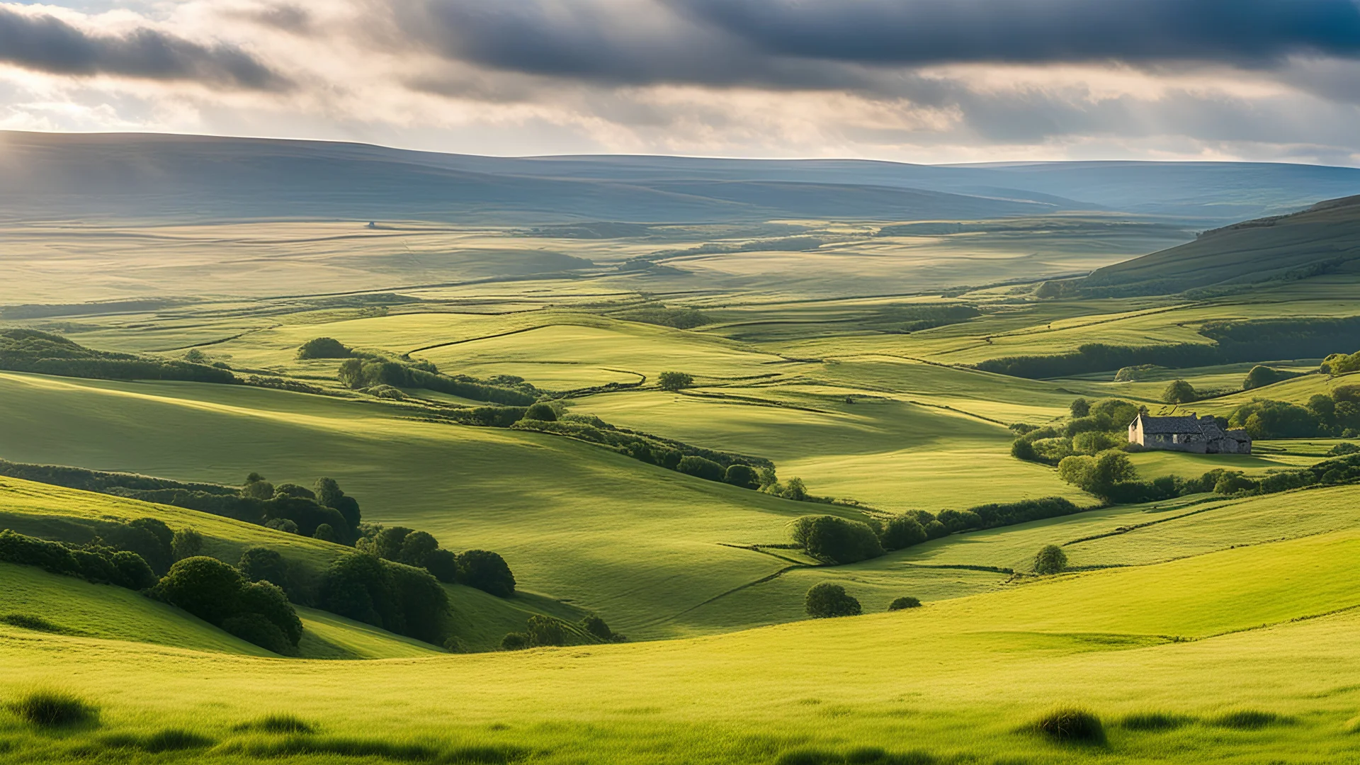 View across the valley in the Yorkshire Dales with beautiful clouds, late afternoon sunshine, stone walls enclosing the fields, gentle hills and valleys, river, calm, peaceful, tranquil, beautiful composition