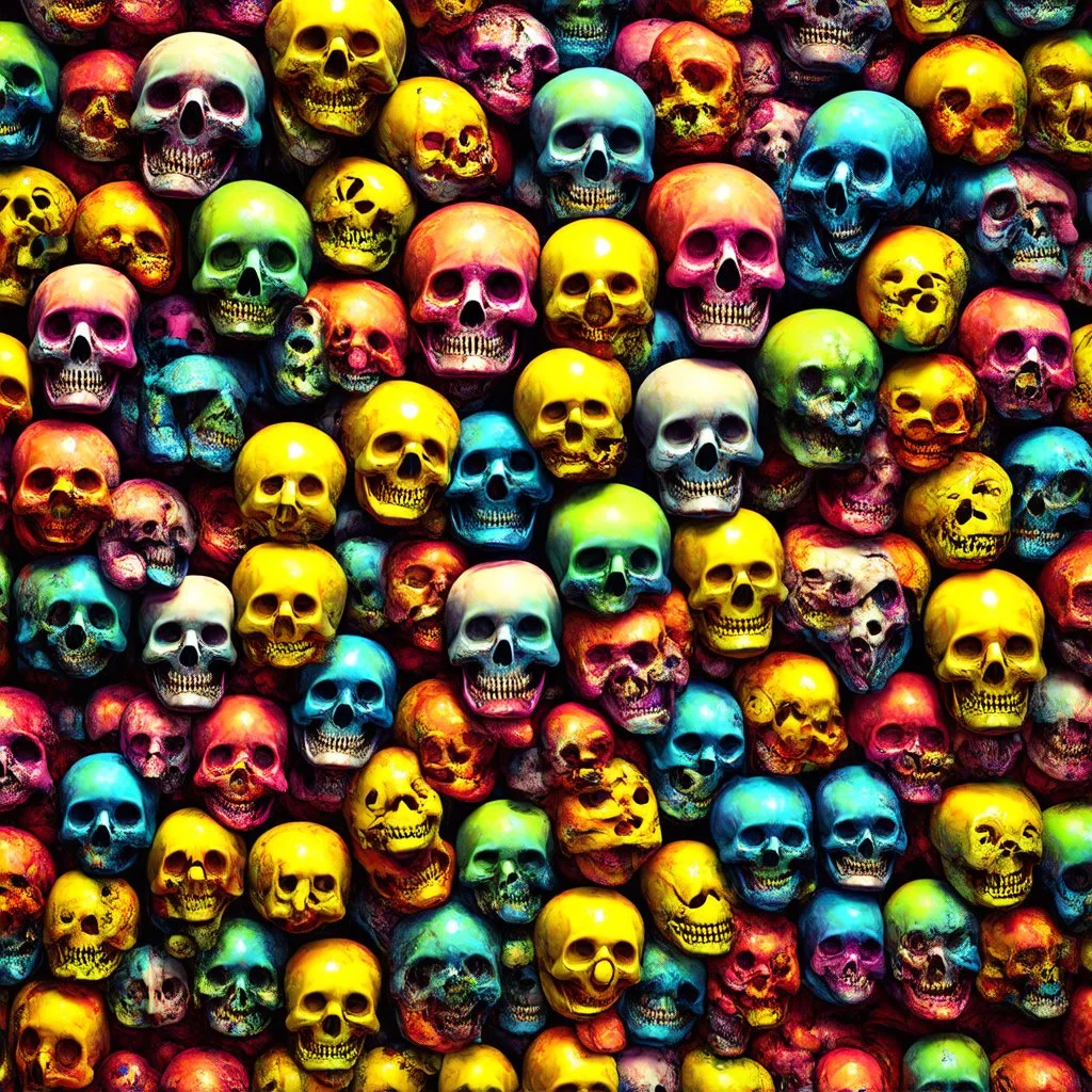 ANATOMICALLY CORRECT digital photograph of wall of multicolored SKULLs OF freshly skinned SMILEY FACEs with fine line, highly detailed, high resolution, 8k 3d, vray, horrorcore, vivid, btight