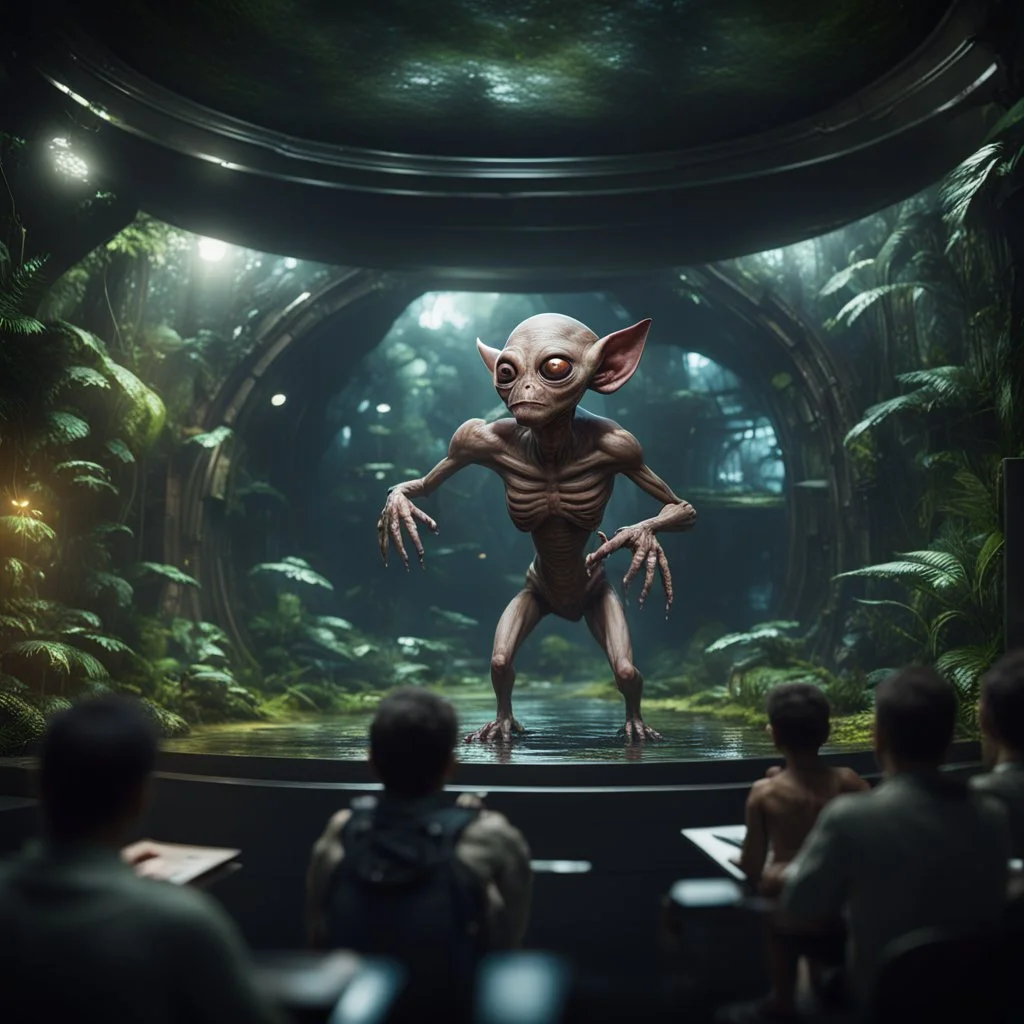 a lecture on a video screen of alien gremlin anatomy held by a scientist in dark lit reflective wet jungle metallic hall dome hotel tunnel, in the style of a fallout 4,bokeh like f/0.8, tilt-shift lens 8k, high detail, smooth render, down-light, unreal engine, prize winning