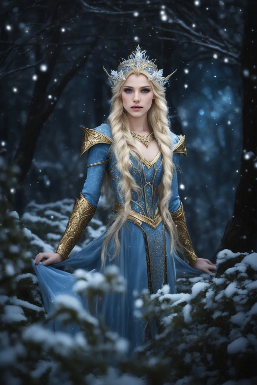 Elven princess,elven crown,long blonde golden hair,rapunzel hair,ice flowers,beautiful,light blue,dark blue,golden armor,sparkle,glitter,ice flowers,snow,elven ears,dark fairy princess