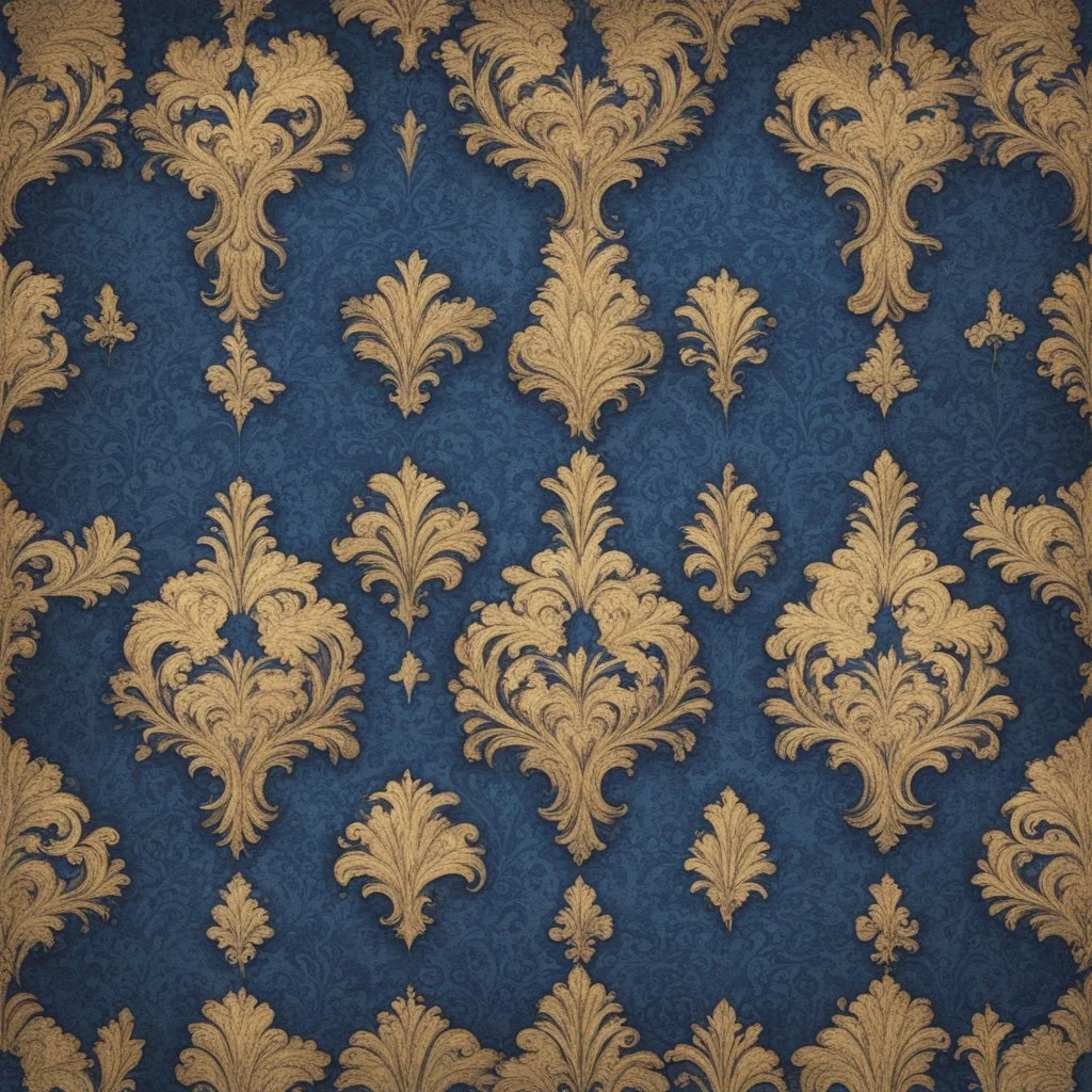 Hyper Realistic navy-blue & golden multicolor grungy rustic damask seamless texture with vignette effect