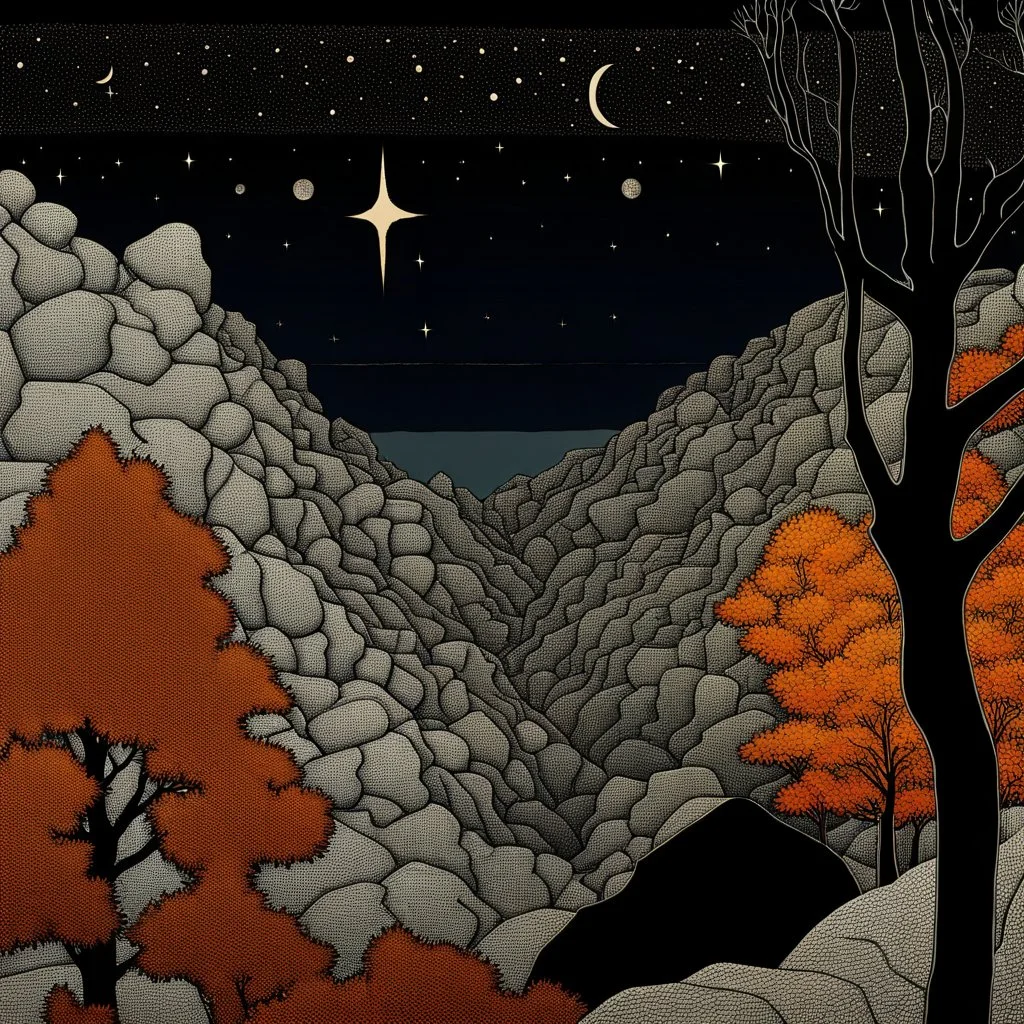 Autumn colors, peaceful, Egon Schiele, Max Ernst, Vincent Van Gogh, Henri Rousseau, silver rust gradient, night sky filled with galaxies and stars, rocks, trees, flowers, one-line drawing, sharp focus, 8k, deep 3d field, intricate, ornate