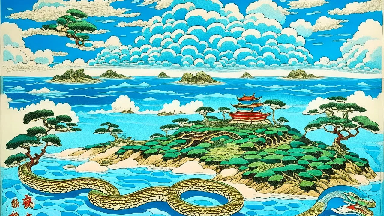 A sky blue colored island with friendly snakes painted by Katsushika Hokusai