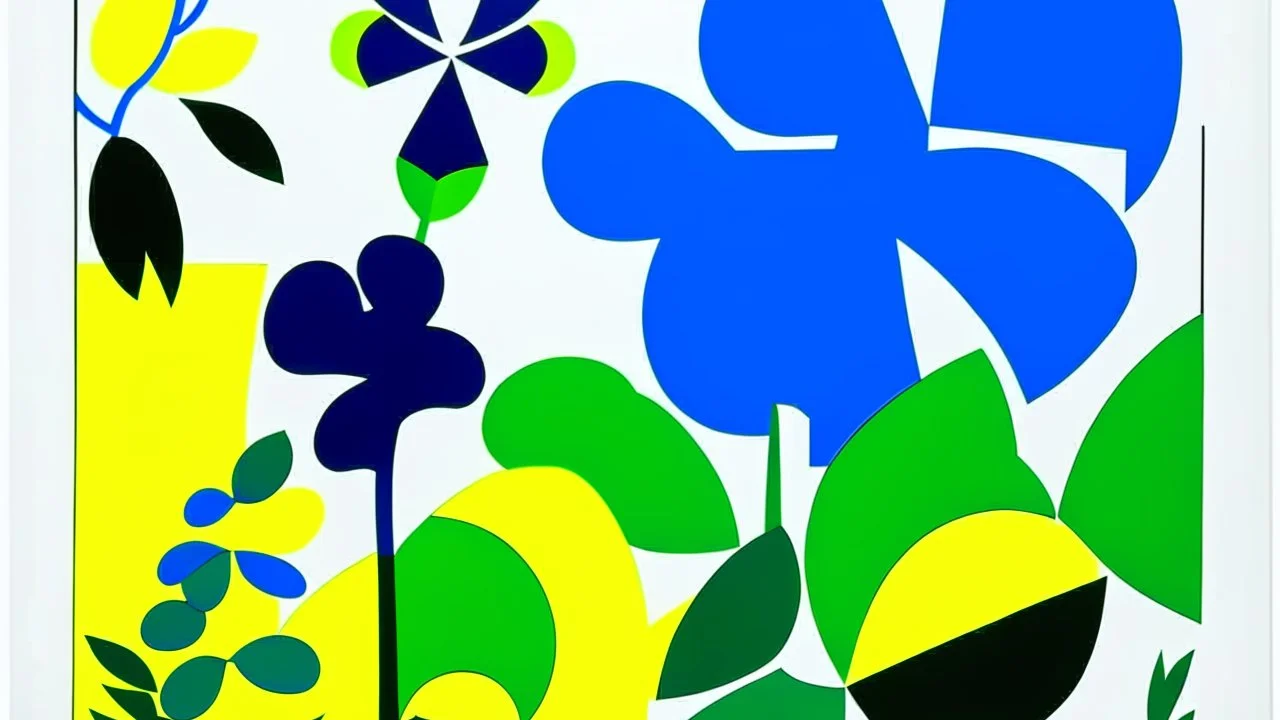 An exquisite minimalist illustration by Matisse featuring a serene garden adorned with simple, geometric shapes of flowers. Electric green and yellow leaves and petals contrast against a light background, while bold blue outlines define the shapes. The cutout style creates a harmonious balance of color and form.