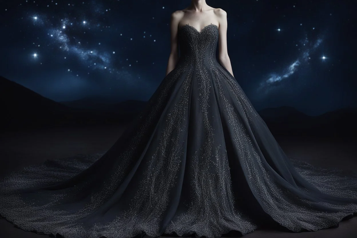 свадебное платье, Тёмная ткань, цвета ночного неба, была расшита призрачными серебряными нитями, мерцавшими, как звёзды