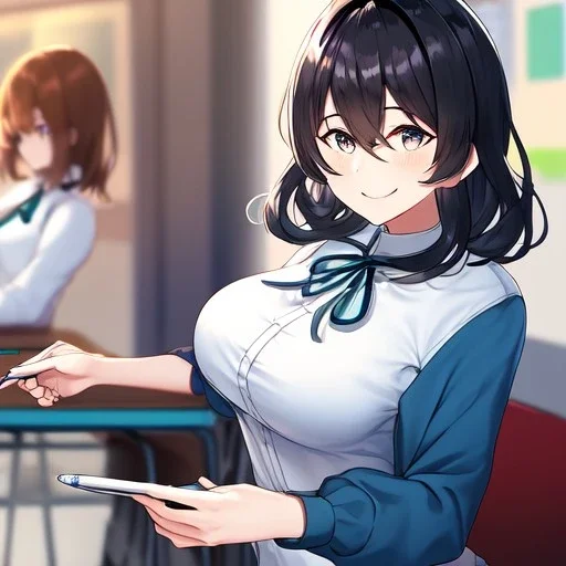 Clear focus, High resolution, a anime adult, cute, cartoony style, smiling, hair between eyes, holding a pencil, small forhead, female, medium length hair, long locks, lots of bangs, teacher