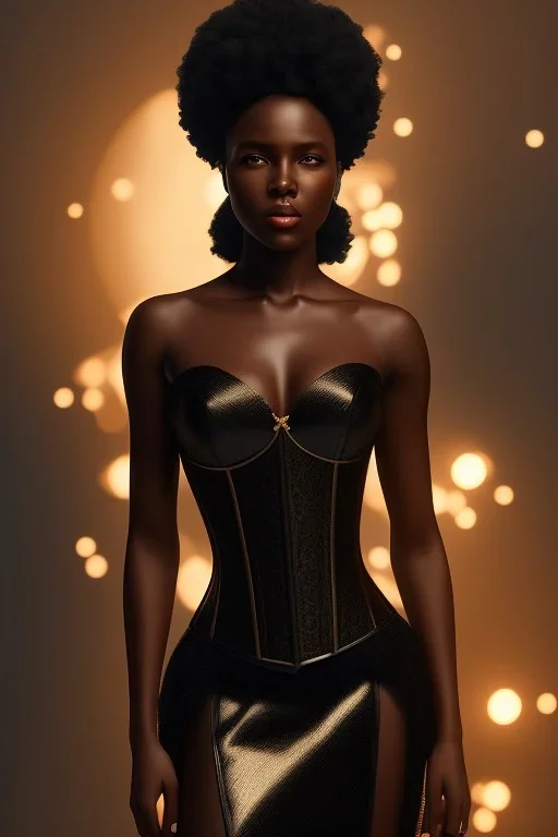 A portrait of a beautiful youthful black woman, wearing a corset, long silky black hair, wizard, magical, ethereal, soft bright lighting. Concept art by wlop. Ultra quality 8k. Fantasy setting.