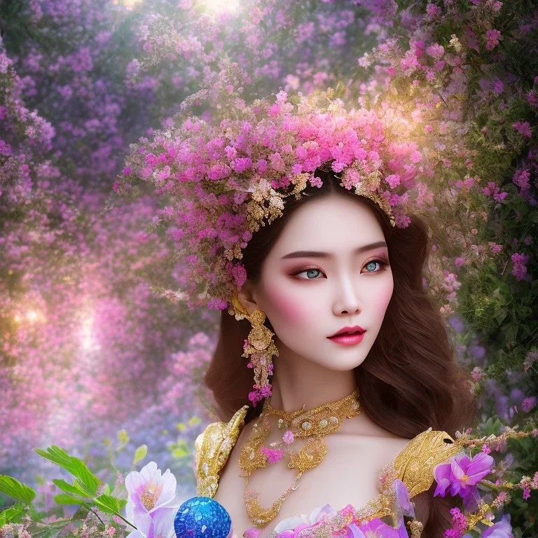 bright fairy, beautiful portrait of asiatique beautiful girl, flowery a magical crystal flower lys bougainvillier, blue gold house indian palace castle in the woods, magnolias pink,blue lake,sun,white swanns,pink vertical, blue lake,sharp, vines, candlelit, endor, ornate, elegant, highly detailed, artstation, concept art, smooth, sharp focus, illustration, 8k, splash art, wallpaper, key visual