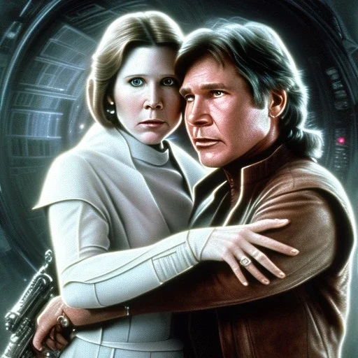 old carrie fisher embracing harrison ford in star wars, waist up portrait, photorealistic faces, intricate, color pencil masterpiece, expert, insanely detailed, 4k resolution, cinematic smooth, intricate detail , soft smooth lighting, soft pastel colors,