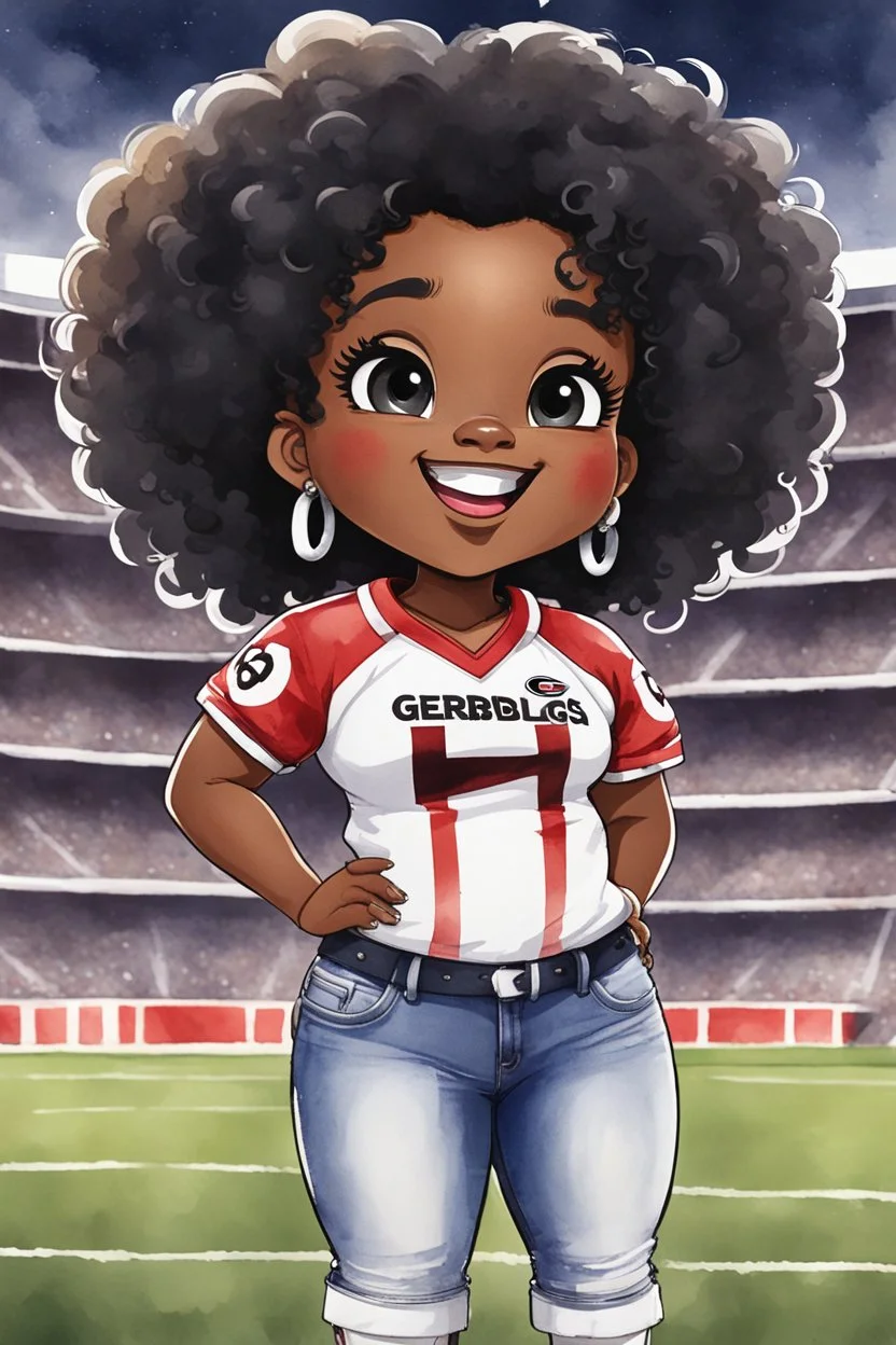 A sassy thick-lined watercolor cartoon image of a black chibi girl standing in front of a football stadium. She is wearing a Georgia Bulldogs football jersey with tight white jeans and timberland boots. behind her curvy body. Looking up coyly, she grins widely, showing sharp teeth. Her poofy hair forms a mane framing her confident, regal expression. Prominent makeup with hazel eyes. Hair is highly detailed.