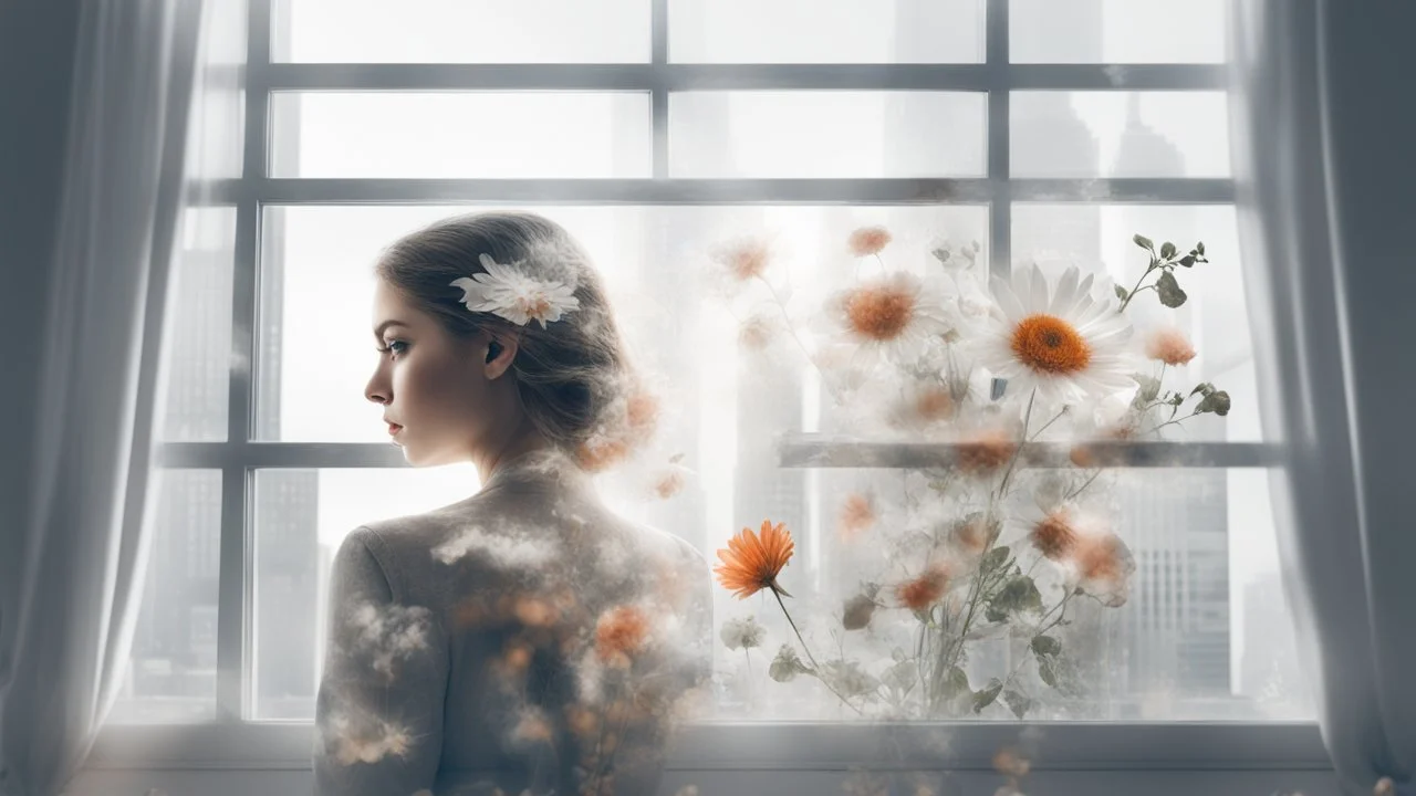 white background, Double exposure, woman, city, window, flower, room, detailed, high detail, high resolution, 8K, Double exposure