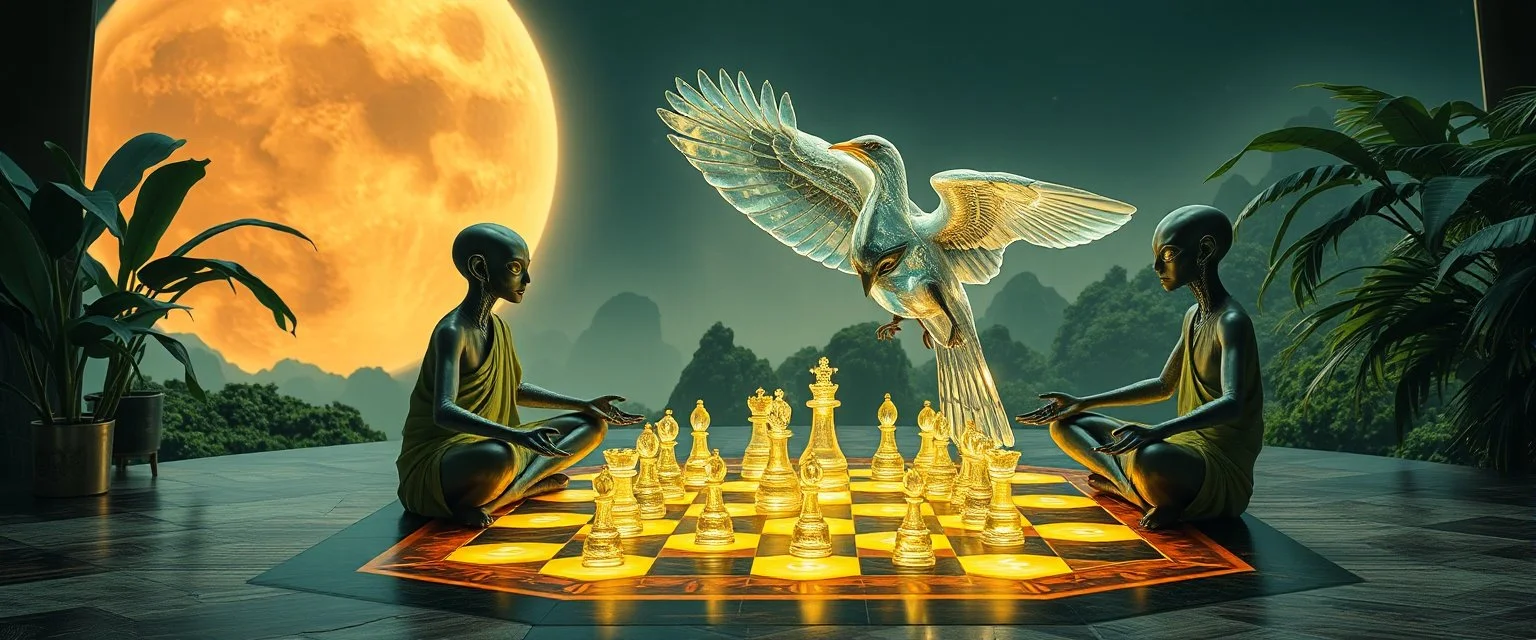 alien levitating yoga monk chess masters playing serious glowing chess on hex map in lounge on beautiful lush planet with huge transparent bird glass pieces