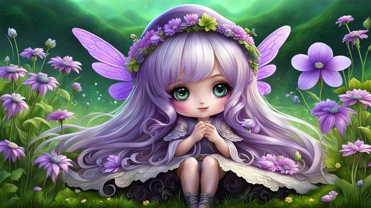 cute happy fairy girl with little wings and rounded ((purple eyes)), big long silver hair, sitting her nice hat a tiny black (kitty with green eyes) , chibi, 3d anime character, detailed, fantasy style, nice picture in the big meadow with pale colors flowers