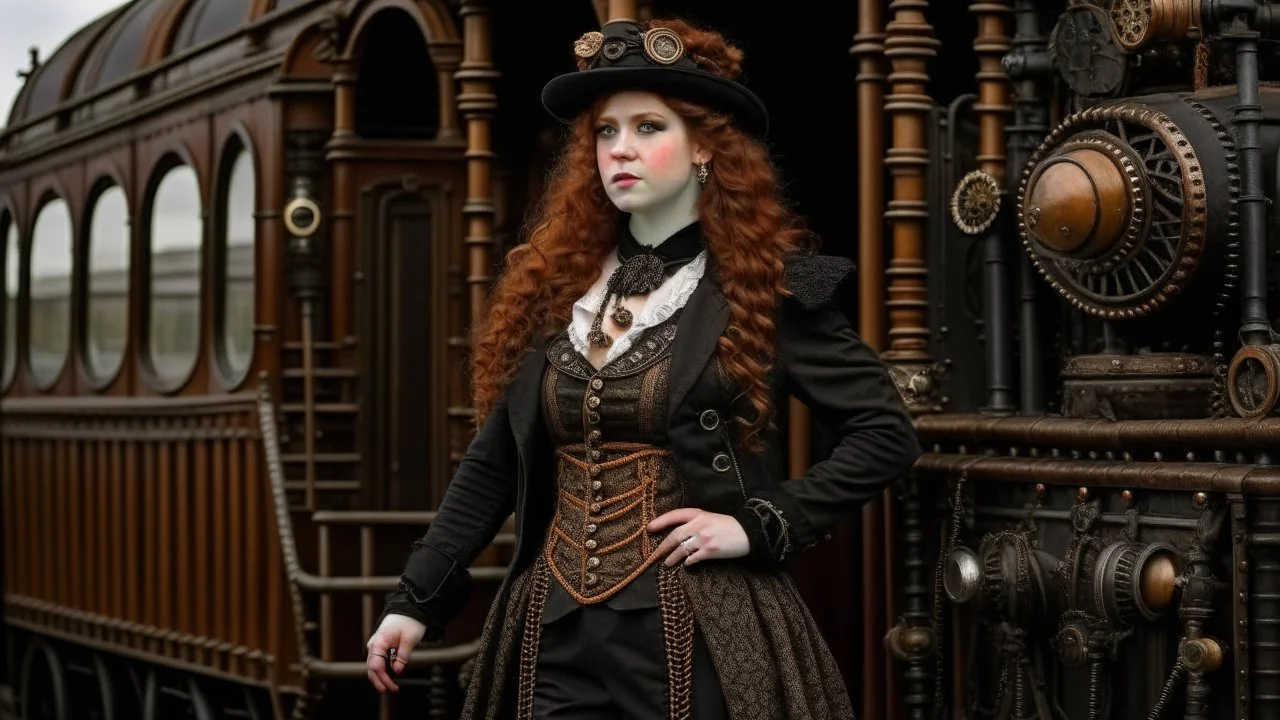 full-length portrait of a pale-faced steampunk woman with auburn wavy shoulder-length hair, with detailed metal arms and legs, dressed like a Victorian, standing beside a steam carriage