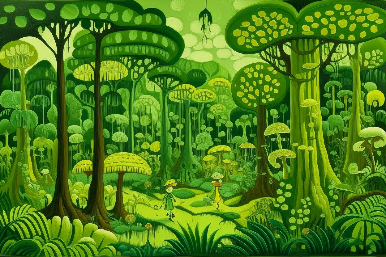 A lime green forest with fairies and mushrooms designed in African masks painted by Henri Rousseau
