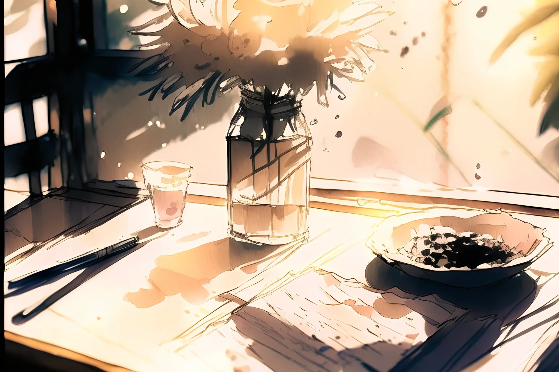 Anime, pixar, cute, table in a nice restaurant next to the window, meal, wine and flower on it, melting watercolor and black ink outlines on wet paper, soft, shading strokes, in sunshine, ethereal, otherwordly, cinematic postprocessing, bokeh, dof